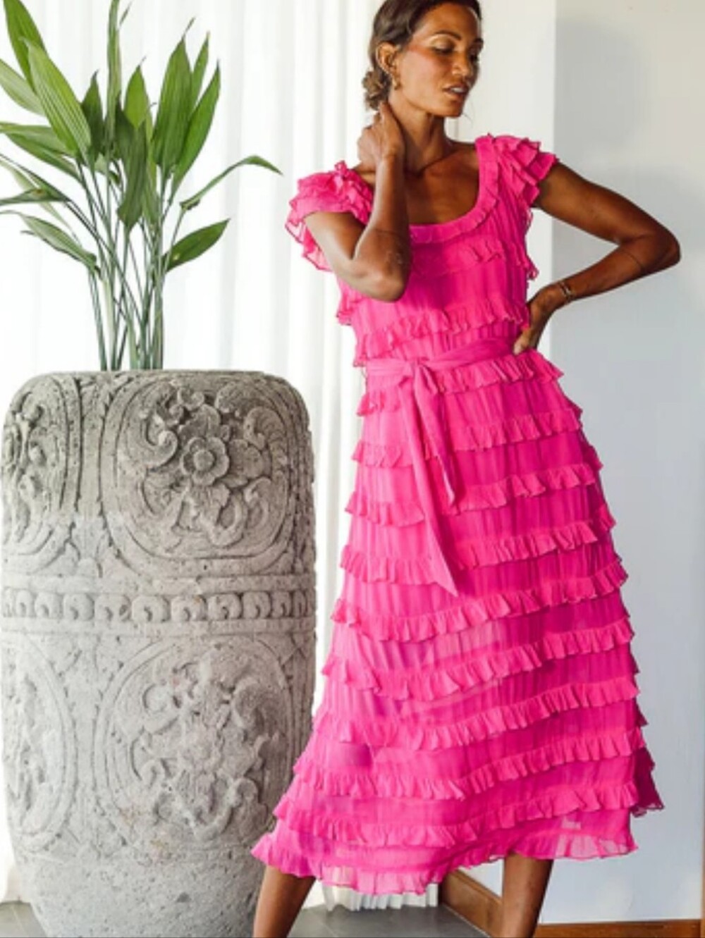 Cleobella Hot Pink Tiered Ruffle Short Sleeve Belted Maxi Dress